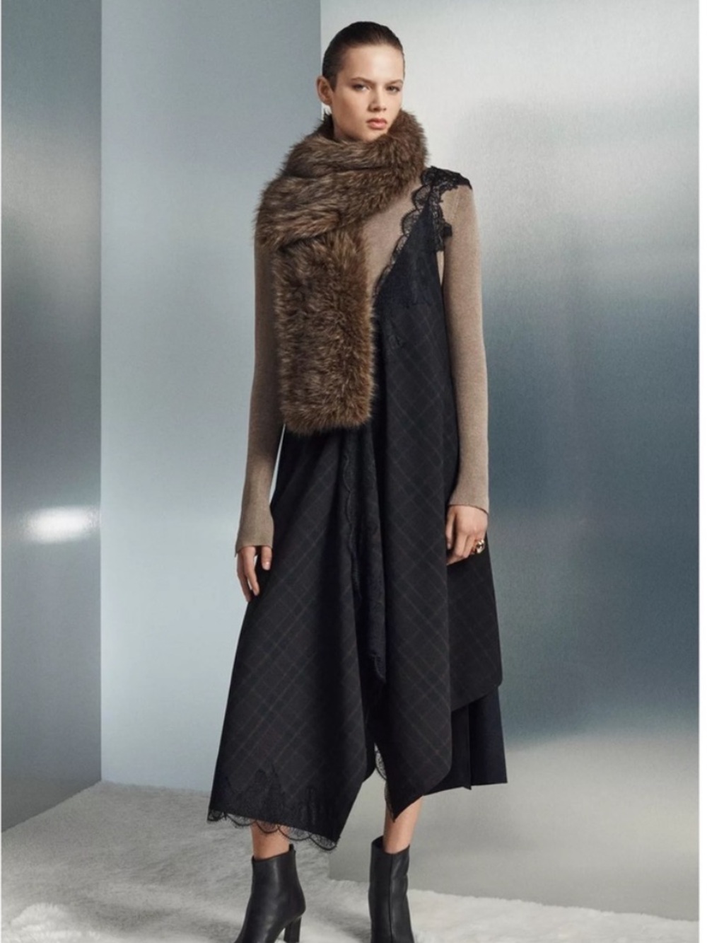 NWT. Zara ZW Collection Navy Blue Combination Lace Long Dress. Size S.